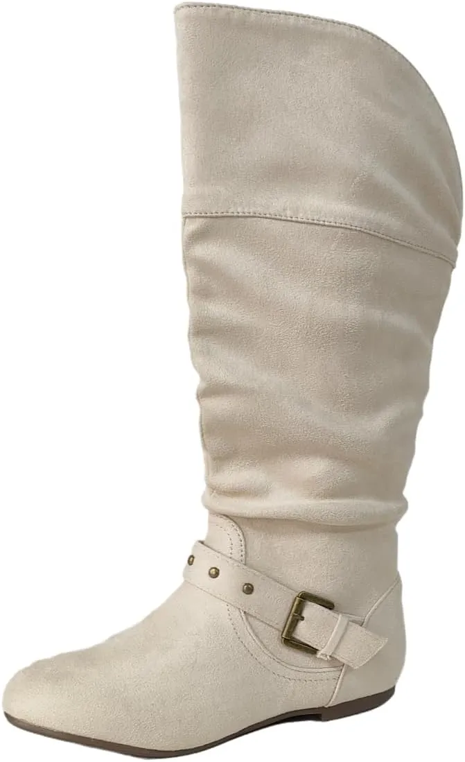 Women's Mid Calf Suede Boots - Flat Slouchy Boots with Studded Locking Straps & Side Zipper, Comfortable No Heel for Fall