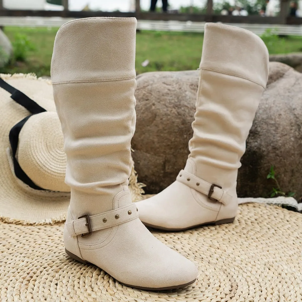 Women's Mid Calf Suede Boots - Flat Slouchy Boots with Studded Locking Straps & Side Zipper, Comfortable No Heel for Fall