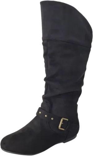 Women's Mid Calf Suede Boots - Flat Slouchy Boots with Studded Locking Straps & Side Zipper, Comfortable No Heel for Fall