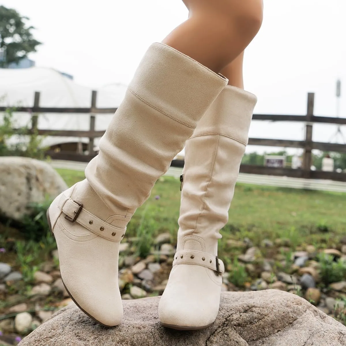 Women's Mid Calf Suede Boots - Flat Slouchy Boots with Studded Locking Straps & Side Zipper, Comfortable No Heel for Fall