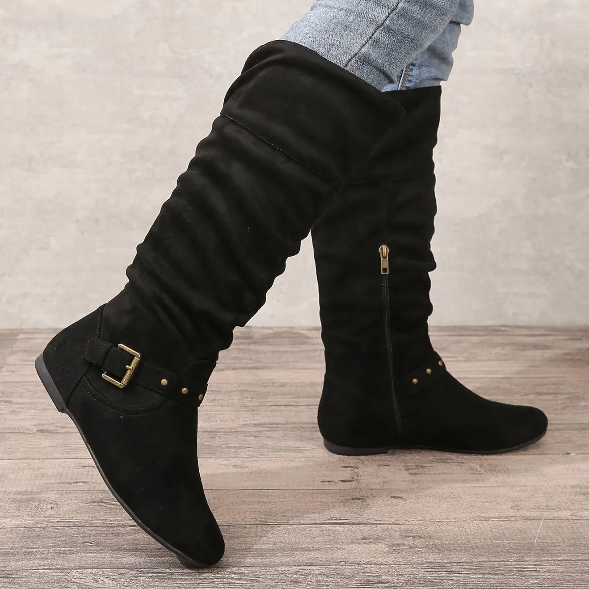 Women's Mid Calf Suede Boots - Flat Slouchy Boots with Studded Locking Straps & Side Zipper, Comfortable No Heel for Fall