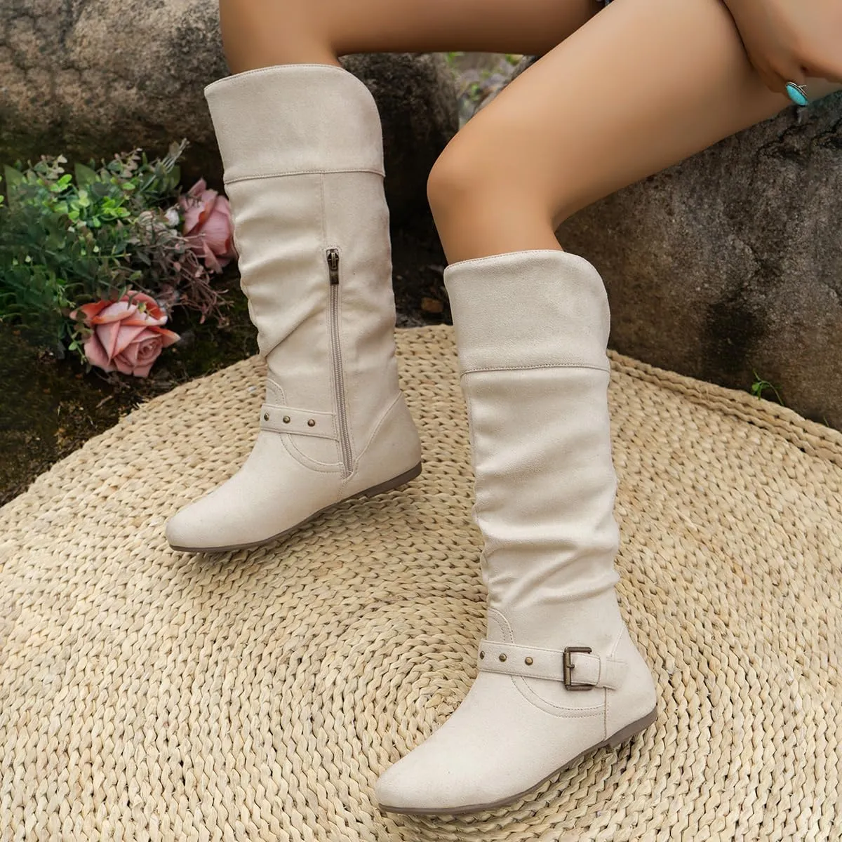 Women's Mid Calf Suede Boots - Flat Slouchy Boots with Studded Locking Straps & Side Zipper, Comfortable No Heel for Fall