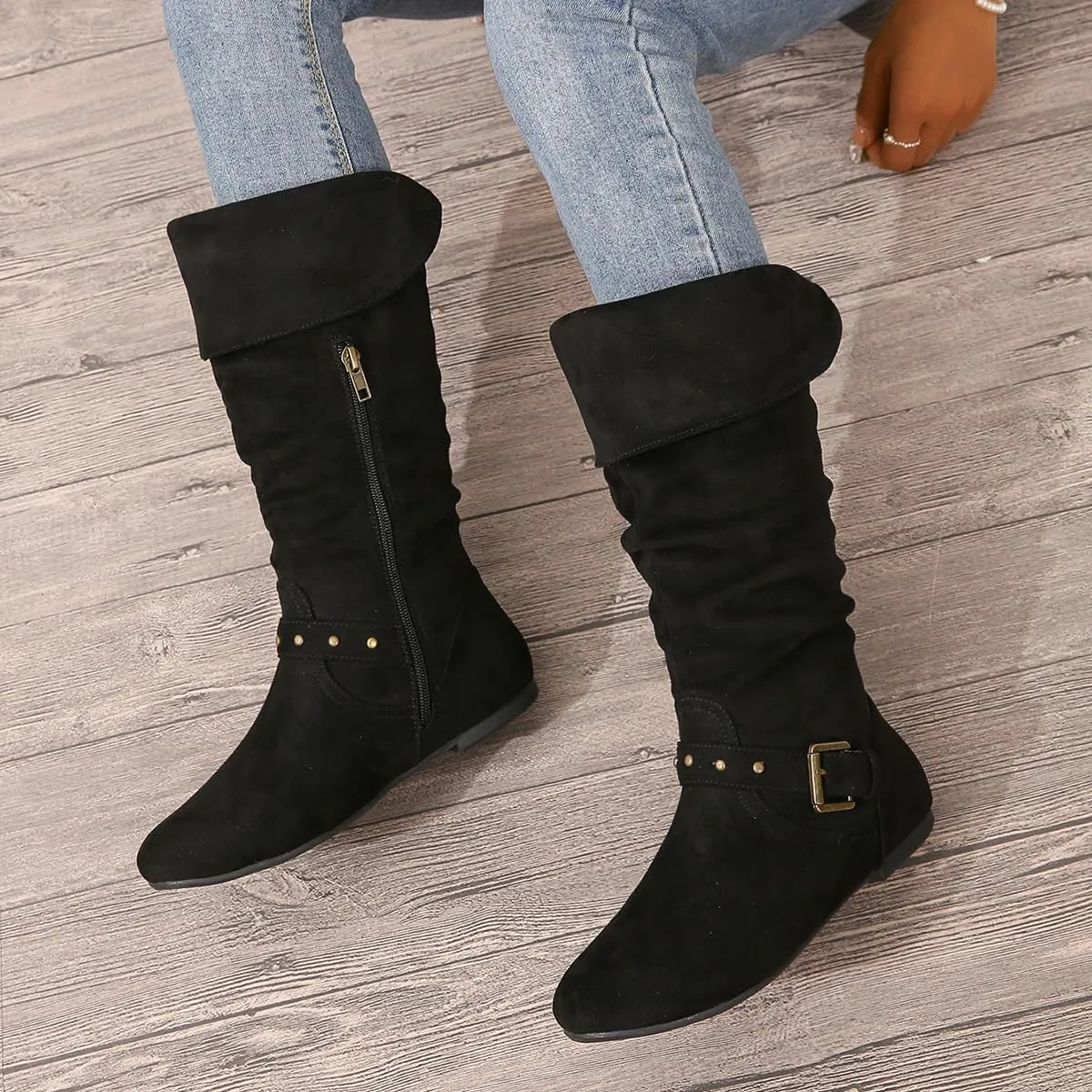 Women's Mid Calf Suede Boots - Flat Slouchy Boots with Studded Locking Straps & Side Zipper, Comfortable No Heel for Fall