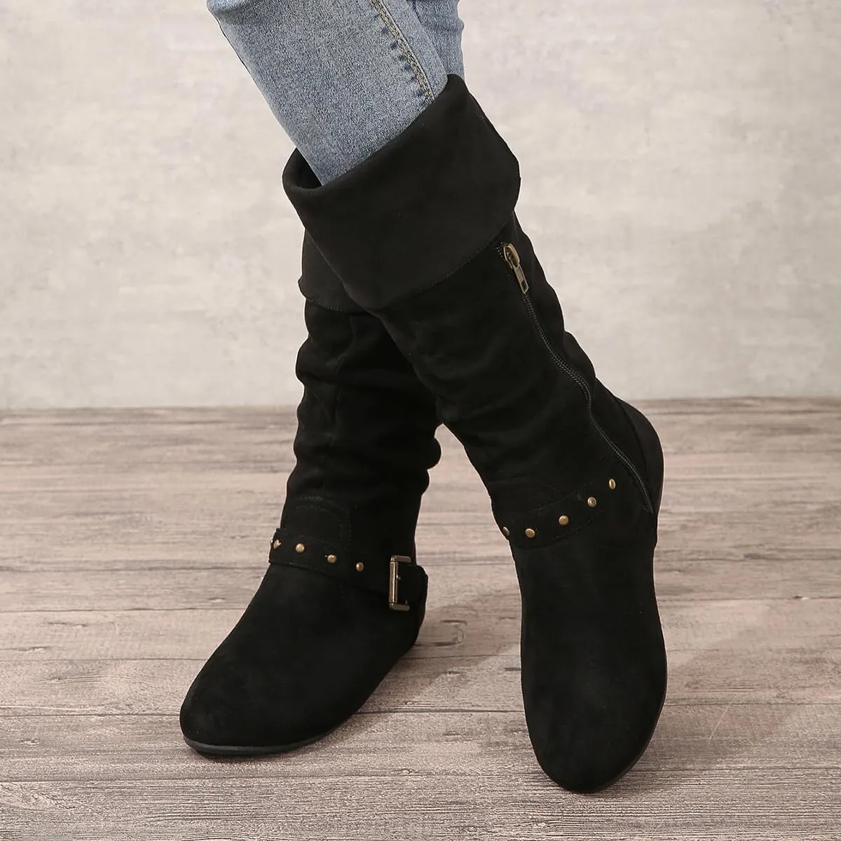 Women's Mid Calf Suede Boots - Flat Slouchy Boots with Studded Locking Straps & Side Zipper, Comfortable No Heel for Fall