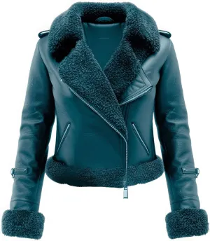 Women’s Ocean Blue Genuine leather Sherpa Shearling Faux Fur Collar Warm Flying Asymmetric Soft B3 Aviator Leather Jacket
