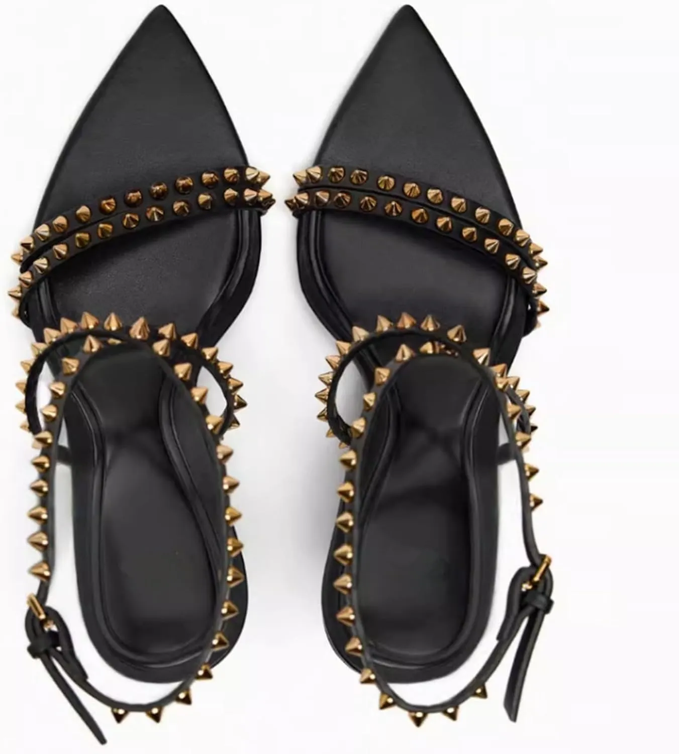 Women's Open Pointy Toe Sparkle Studded Sandals Summer Sexy Black Adjustable Buckle Ankle Strap Stud Stiletto Heels Fashion Dress Rivet Sandals