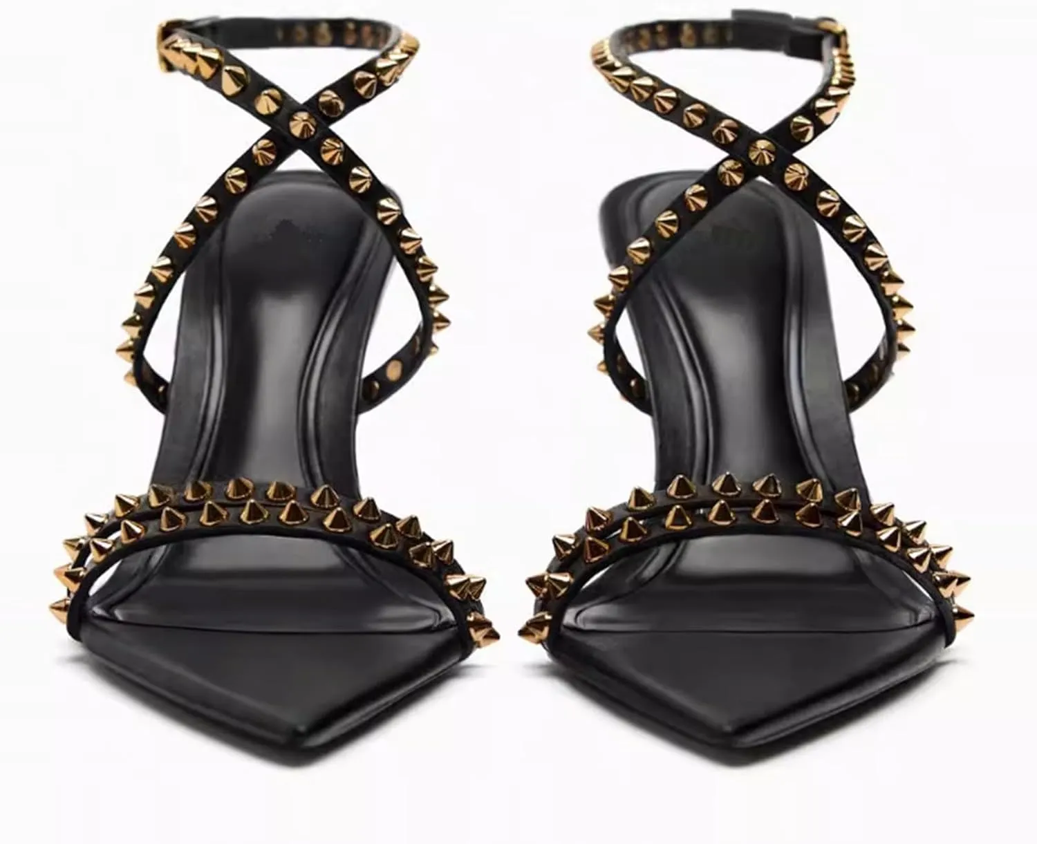 Women's Open Pointy Toe Sparkle Studded Sandals Summer Sexy Black Adjustable Buckle Ankle Strap Stud Stiletto Heels Fashion Dress Rivet Sandals