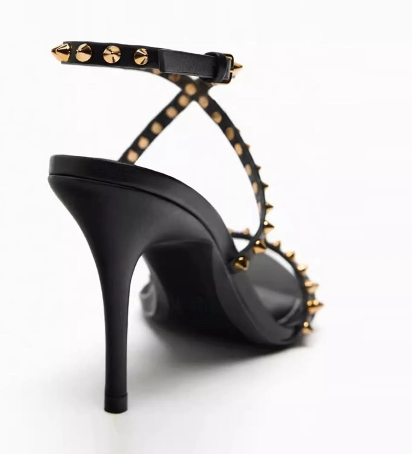 Women's Open Pointy Toe Sparkle Studded Sandals Summer Sexy Black Adjustable Buckle Ankle Strap Stud Stiletto Heels Fashion Dress Rivet Sandals