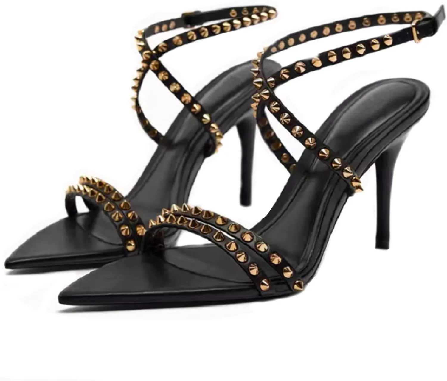 Women's Open Pointy Toe Sparkle Studded Sandals Summer Sexy Black Adjustable Buckle Ankle Strap Stud Stiletto Heels Fashion Dress Rivet Sandals