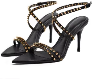 Women's Open Pointy Toe Sparkle Studded Sandals Summer Sexy Black Adjustable Buckle Ankle Strap Stud Stiletto Heels Fashion Dress Rivet Sandals
