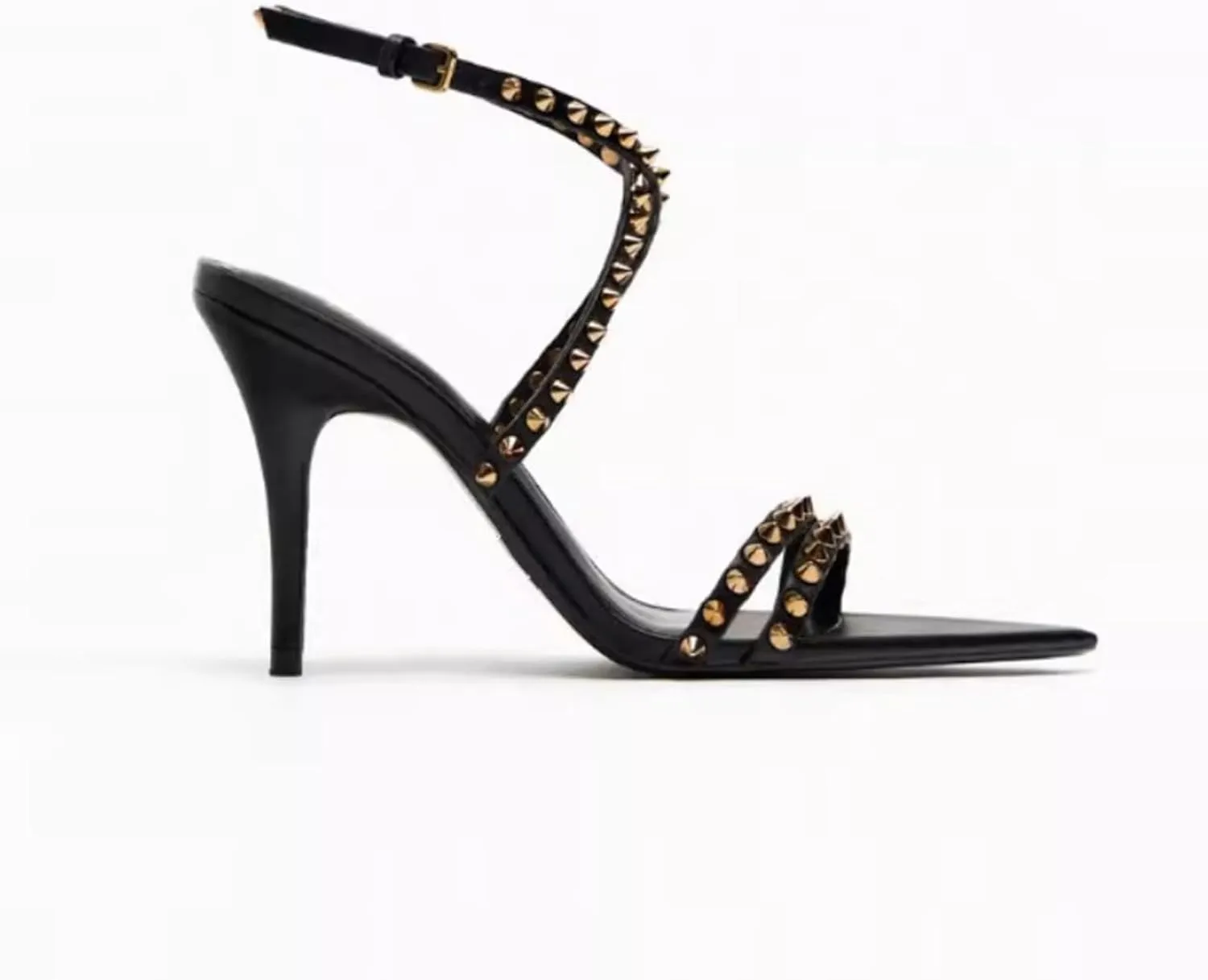 Women's Open Pointy Toe Sparkle Studded Sandals Summer Sexy Black Adjustable Buckle Ankle Strap Stud Stiletto Heels Fashion Dress Rivet Sandals