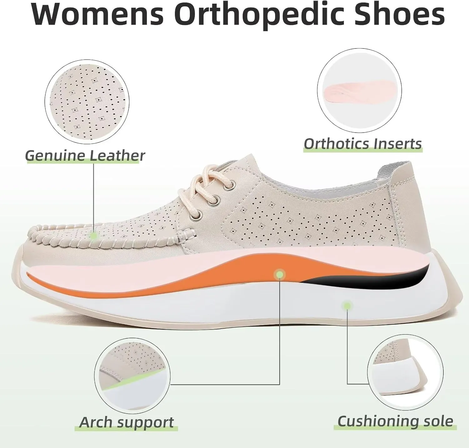 Women's Orthopedic Leather Dress Walking Shoes: Casual Sneakers with Arch Support for Plantar Fasciitis, Comfortable Supportive Shoes with Orthotic Insoles for Foot and Heel Pain