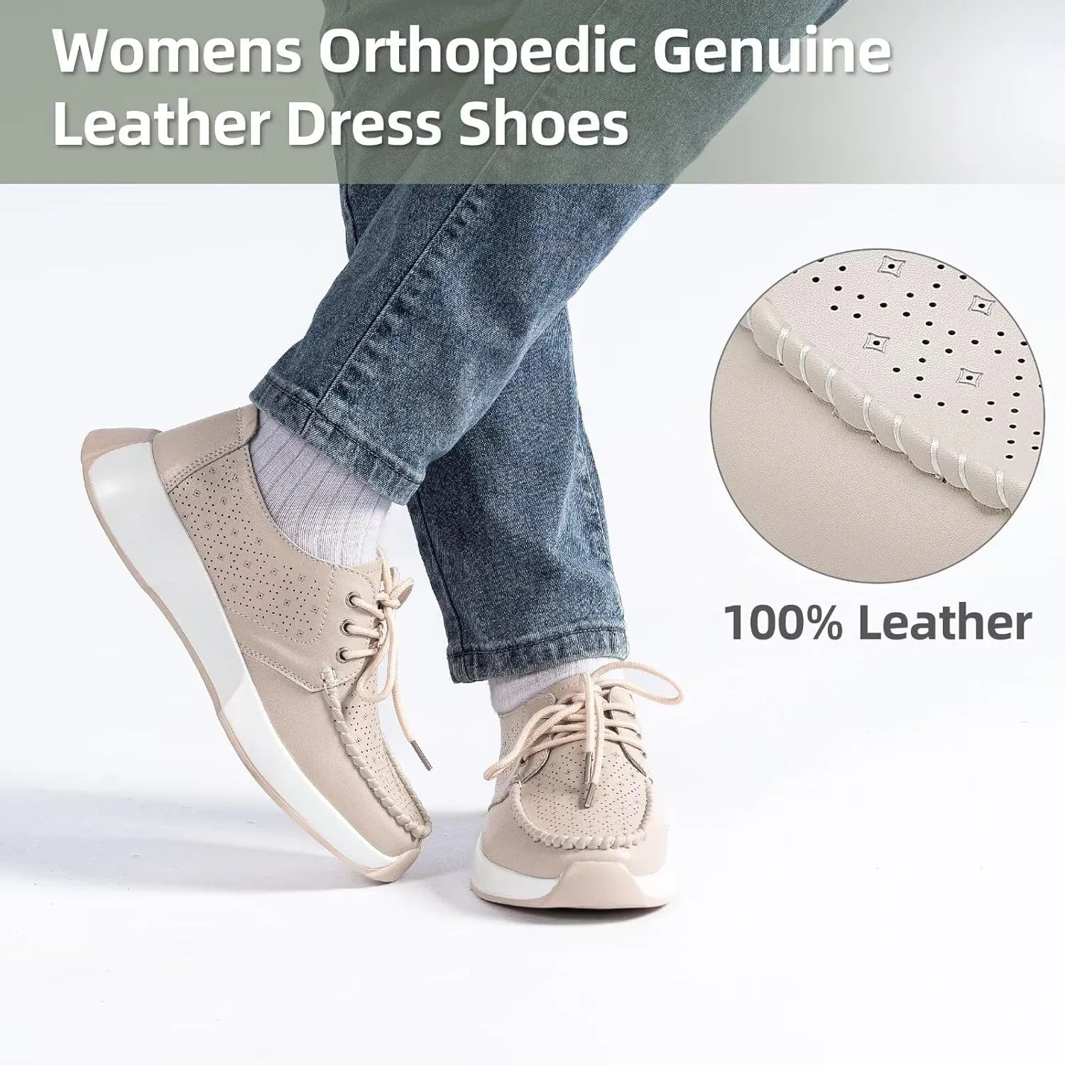 Women's Orthopedic Leather Dress Walking Shoes: Casual Sneakers with Arch Support for Plantar Fasciitis, Comfortable Supportive Shoes with Orthotic Insoles for Foot and Heel Pain