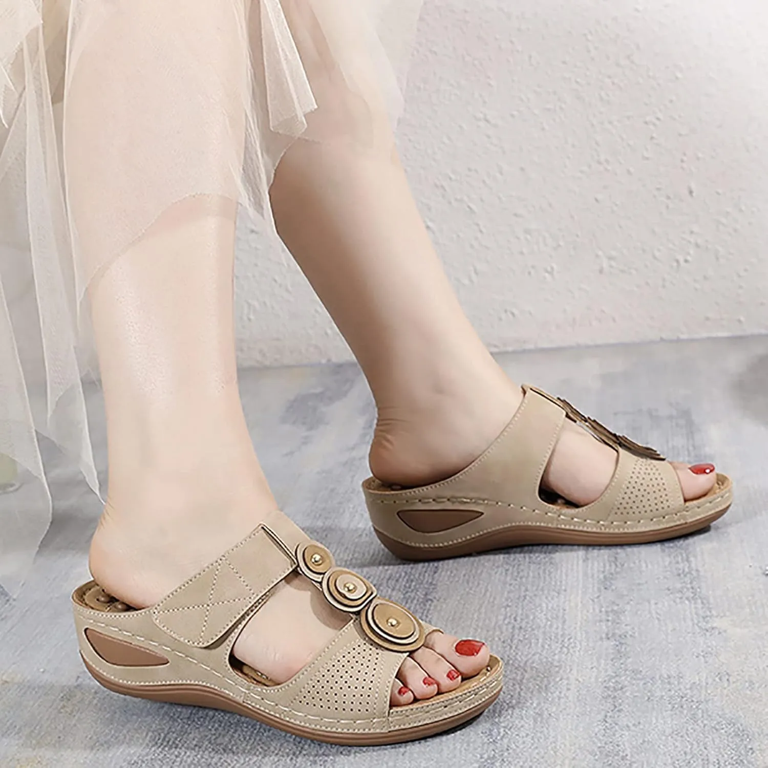 Womens Orthotic Sandals Travel Beach Shoes Bohemian Retro Wedge Heel Massage Slippers Arch Support Lightweight Casual Sandals