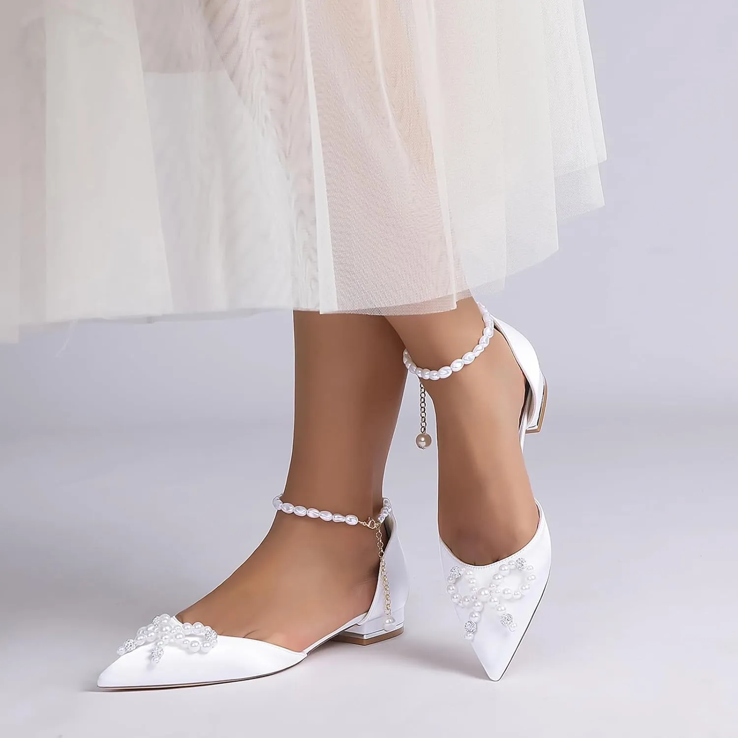 Women's Pearls Ankle Strap Wedding Bridal Shoes Satin Low Heels Ballet Flats Closed Pointed Toe Evening Party Dress Sandles