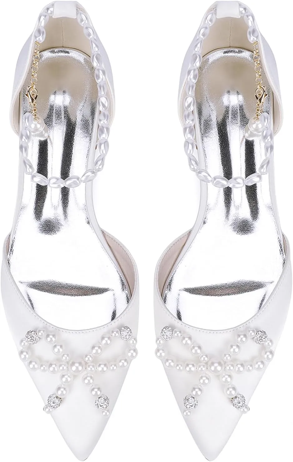 Women's Pearls Ankle Strap Wedding Bridal Shoes Satin Low Heels Ballet Flats Closed Pointed Toe Evening Party Dress Sandles