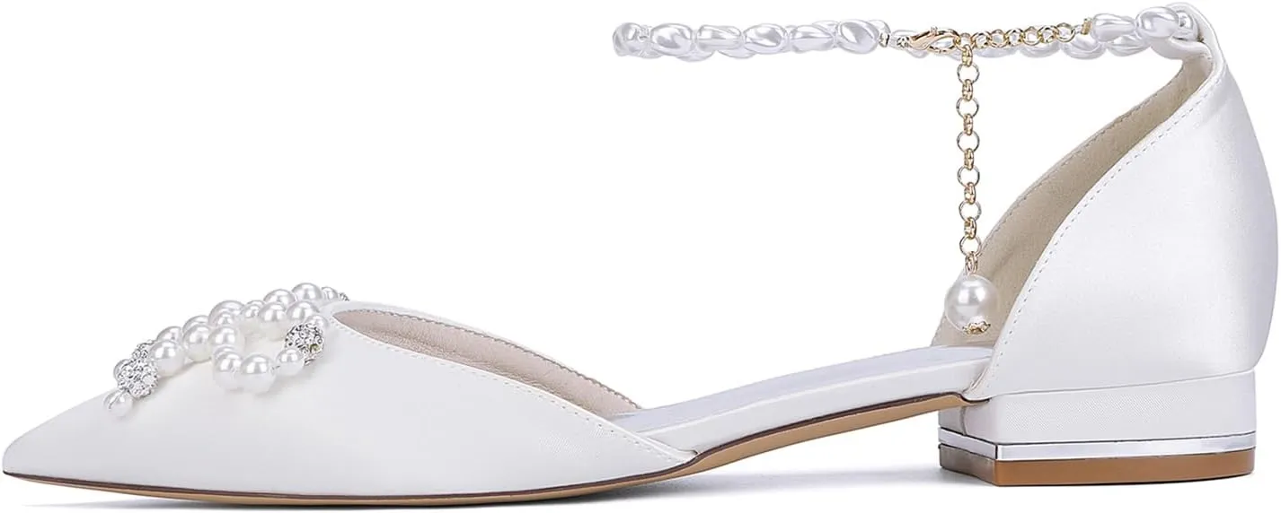 Women's Pearls Ankle Strap Wedding Bridal Shoes Satin Low Heels Ballet Flats Closed Pointed Toe Evening Party Dress Sandles