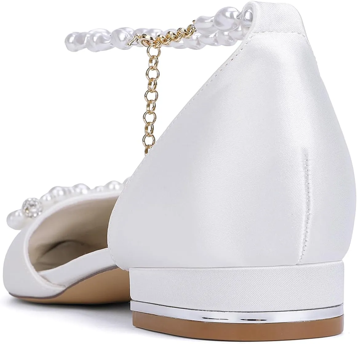 Women's Pearls Ankle Strap Wedding Bridal Shoes Satin Low Heels Ballet Flats Closed Pointed Toe Evening Party Dress Sandles