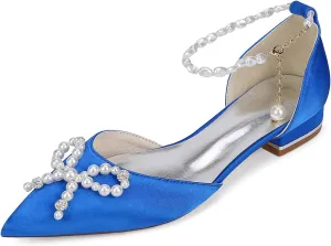 Women's Pearls Ankle Strap Wedding Bridal Shoes Satin Low Heels Ballet Flats Closed Pointed Toe Evening Party Dress Sandles