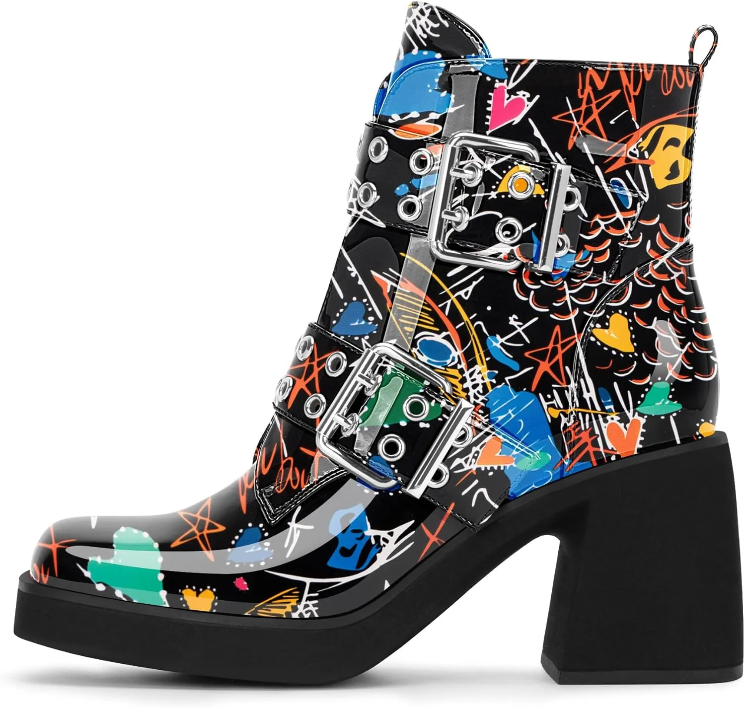 Women's Platform Chunky Heel Buckle Ankle Boots Patent Leather Side Zipper Booties