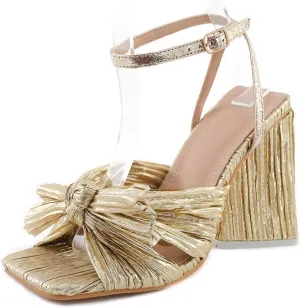 Women's Pleated Bowknot Square Open Toe Heeled Sandals Cute Comfy Summer Ankle Strap Block Heels for Bridal Dress Chunky Pumps-4.13 In