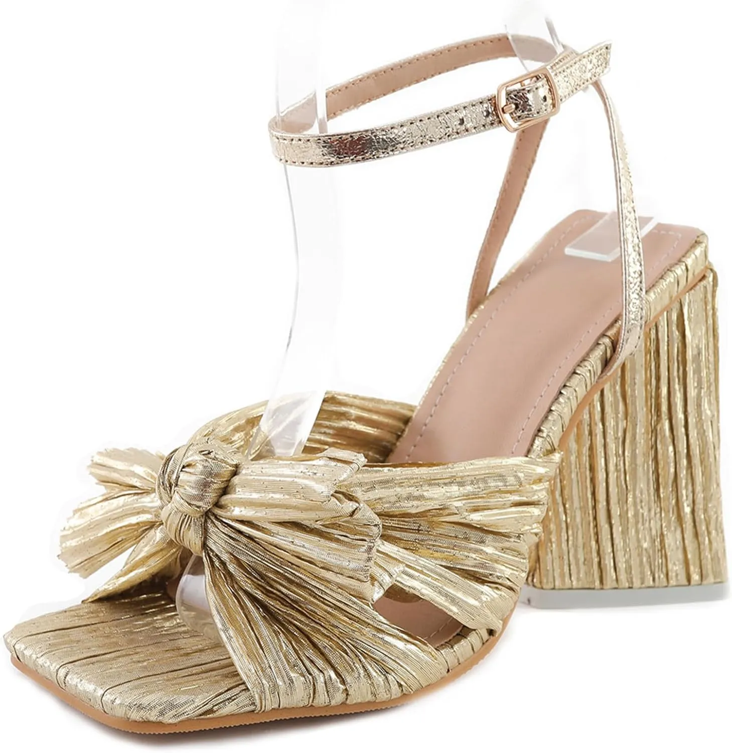 Women's Pleated Bowknot Square Open Toe Heeled Sandals Cute Comfy Summer Ankle Strap Block Heels for Bridal Dress Chunky Pumps-4.13 In