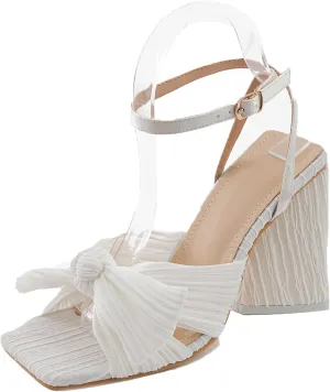 Women's Pleated Bowknot Square Open Toe Heeled Sandals Cute Comfy Summer Ankle Strap Block Heels for Bridal Dress Chunky Pumps-4.13 In
