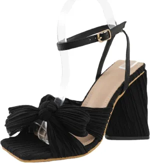 Women's Pleated Bowknot Square Open Toe Heeled Sandals Cute Comfy Summer Ankle Strap Block Heels for Bridal Dress Chunky Pumps-4.13 In