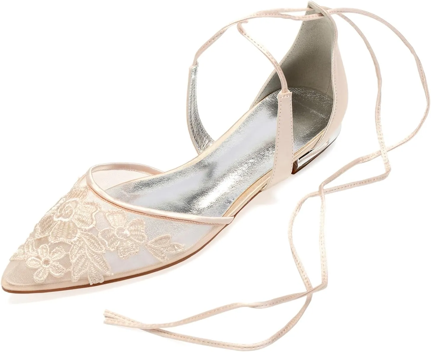 Women's Pointed Toe Applique Wedding Flats for Bride Comfortable Satin Wedding Shoes Low Heels Bridal Flats Evening Prom Party Dress Shoes Pumps