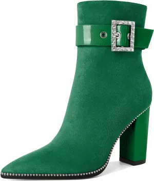 Womens Pointed Toe Beaded Ankle Boots Side Zipper 3.7 Inches Chunky High Heel Strap Buckle Short Boots