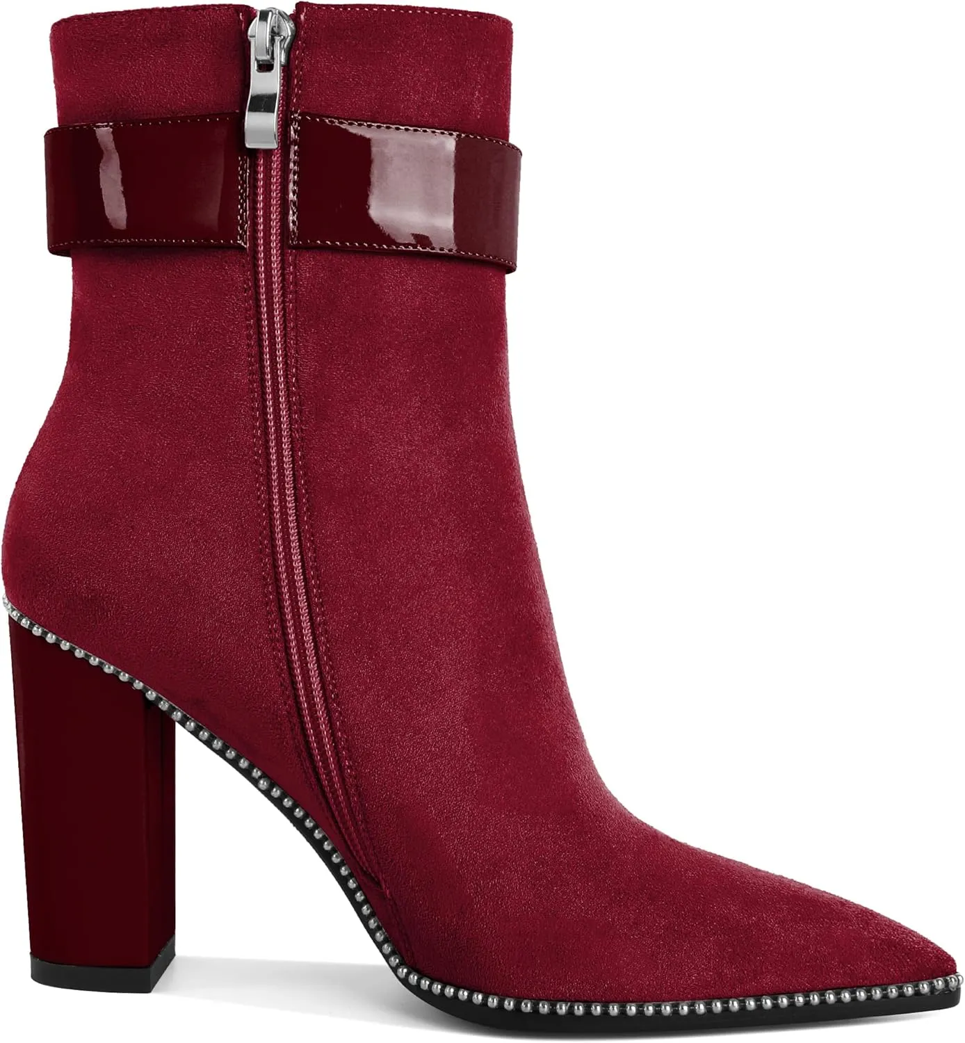 Womens Pointed Toe Beaded Ankle Boots Side Zipper 3.7 Inches Chunky High Heel Strap Buckle Short Boots