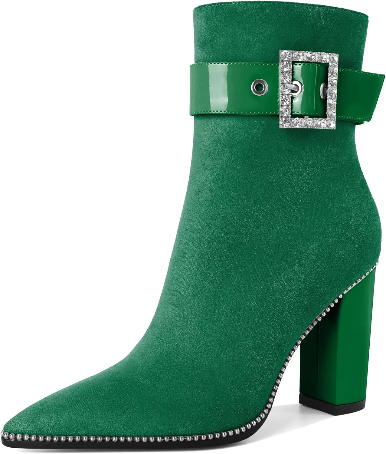 Womens Pointed Toe Beaded Ankle Boots Side Zipper 3.7 Inches Chunky High Heel Strap Buckle Short Boots