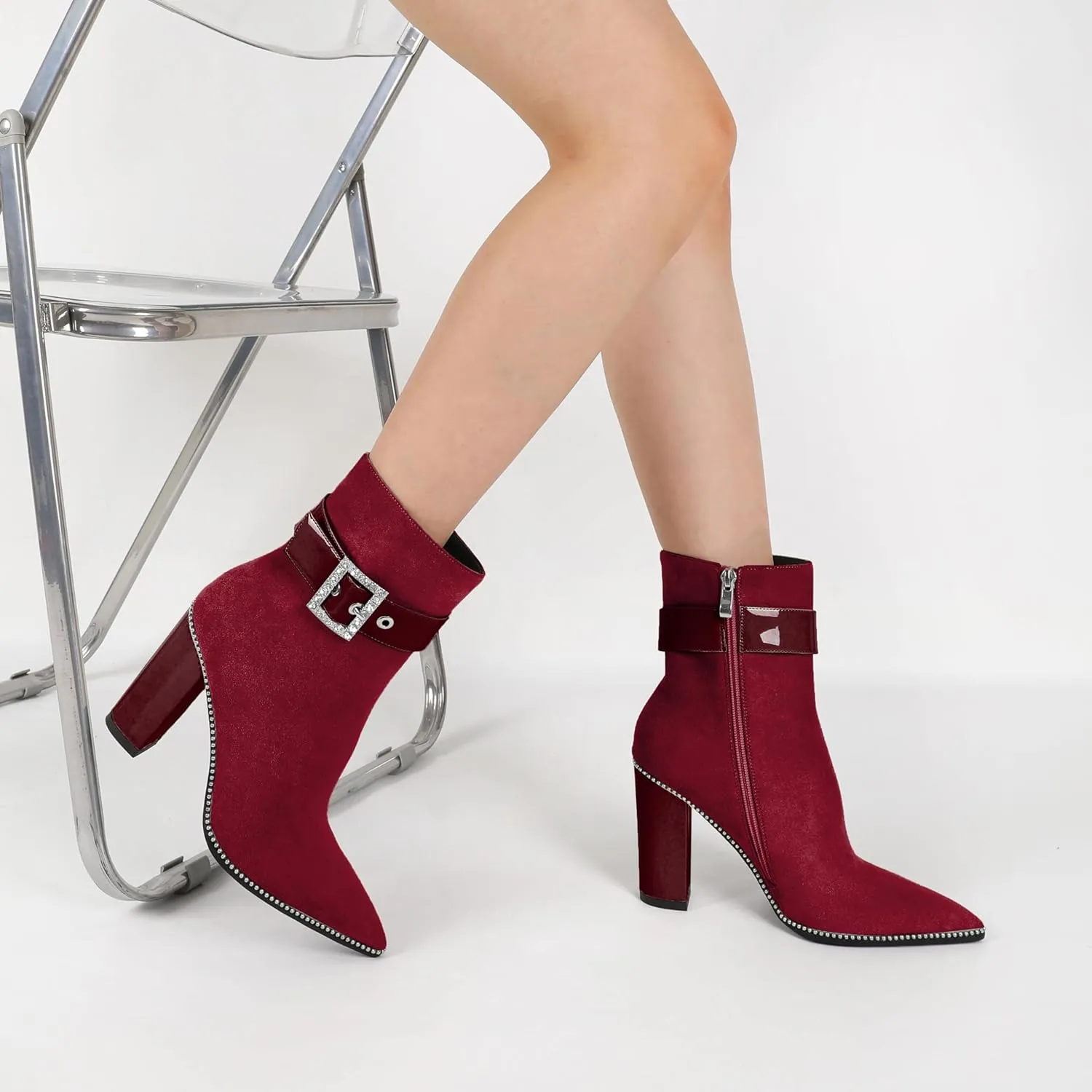 Womens Pointed Toe Beaded Ankle Boots Side Zipper 3.7 Inches Chunky High Heel Strap Buckle Short Boots