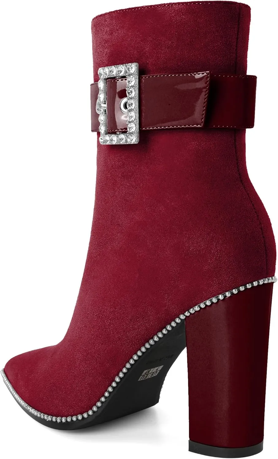 Womens Pointed Toe Beaded Ankle Boots Side Zipper 3.7 Inches Chunky High Heel Strap Buckle Short Boots
