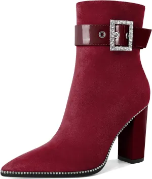 Womens Pointed Toe Beaded Ankle Boots Side Zipper 3.7 Inches Chunky High Heel Strap Buckle Short Boots