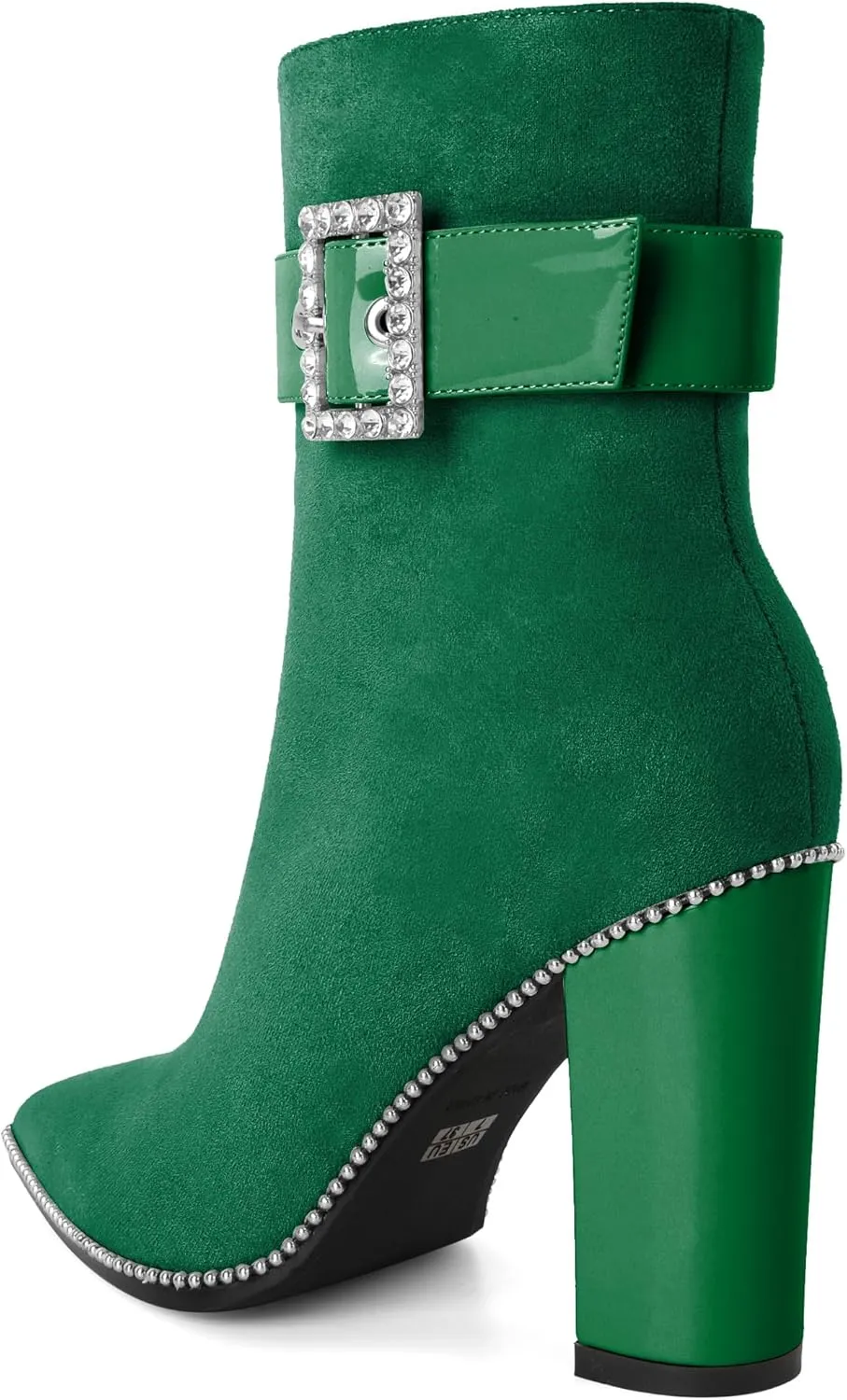 Womens Pointed Toe Beaded Ankle Boots Side Zipper 3.7 Inches Chunky High Heel Strap Buckle Short Boots