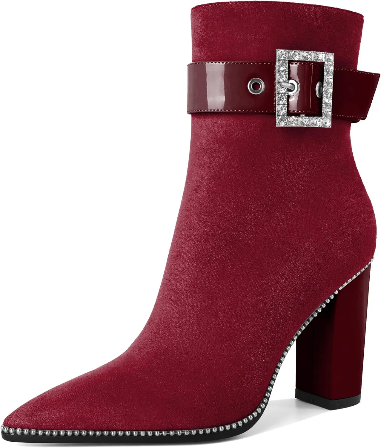 Womens Pointed Toe Beaded Ankle Boots Side Zipper 3.7 Inches Chunky High Heel Strap Buckle Short Boots
