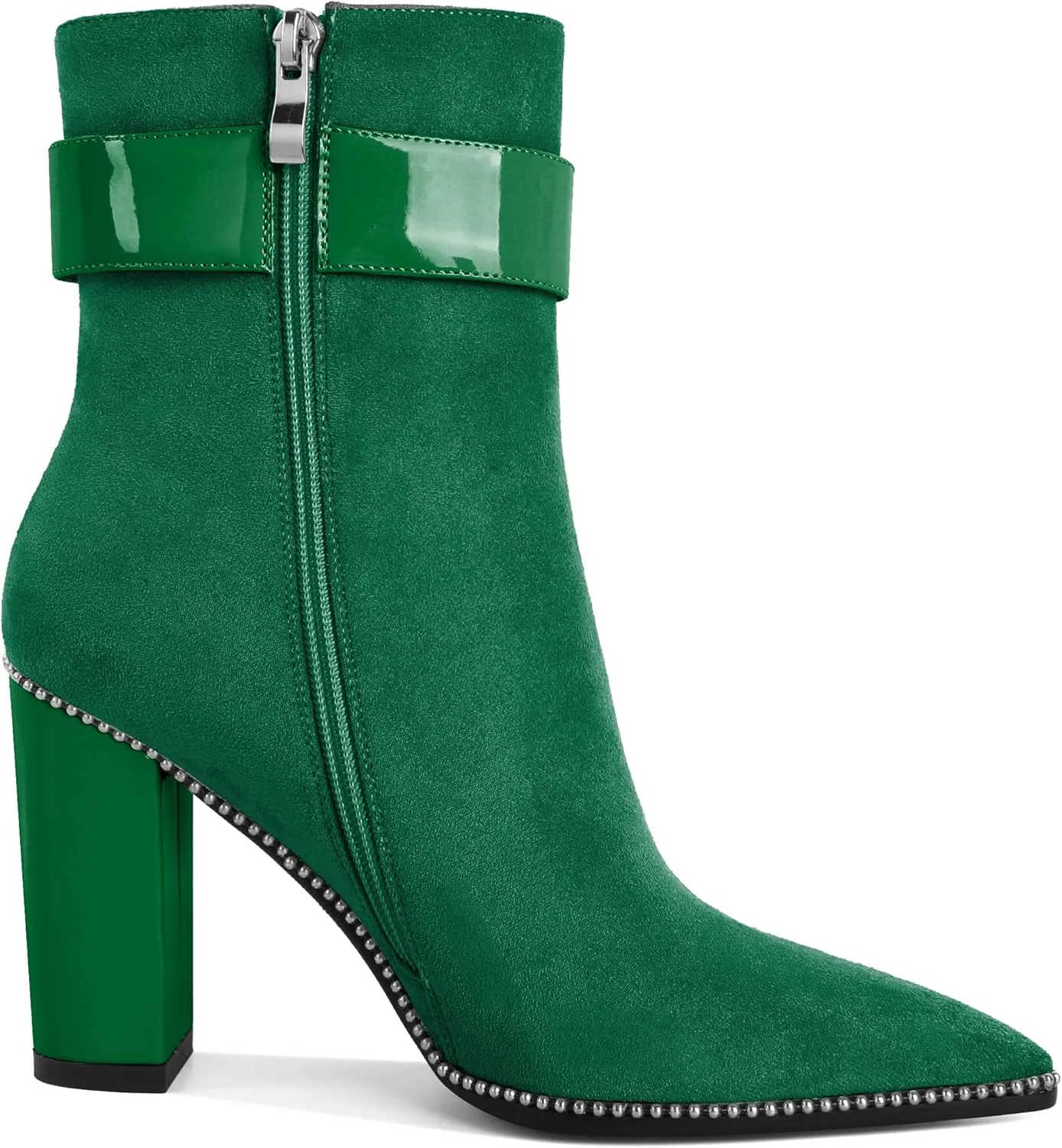Womens Pointed Toe Beaded Ankle Boots Side Zipper 3.7 Inches Chunky High Heel Strap Buckle Short Boots