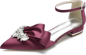 Women's Pointed Toe Crystal Wedding Flats for Bride Comfortable Satin White Wedding Shoes Low Heels Ankle Strap Bridal Flats Evening Prom Party Dress Shoes Pumps