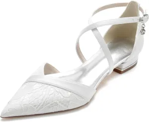 Women's Pointed Toe Lace Wedding Flats for Bride Comfortable Strappy Wedding Shoes Low Heels Cross Strap Bridal Flats Evening Prom Party Dress Shoes Pumps