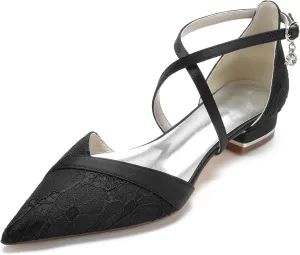 Women's Pointed Toe Lace Wedding Flats for Bride Comfortable Strappy Wedding Shoes Low Heels Cross Strap Bridal Flats Evening Prom Party Dress Shoes Pumps