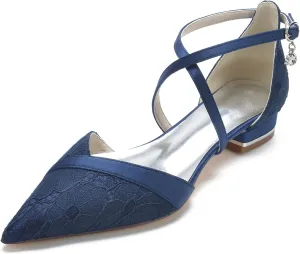 Women's Pointed Toe Lace Wedding Flats for Bride Comfortable Strappy Wedding Shoes Low Heels Cross Strap Bridal Flats Evening Prom Party Dress Shoes Pumps