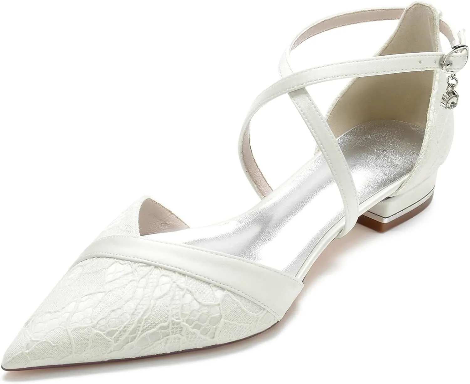 Women's Pointed Toe Lace Wedding Flats for Bride Comfortable Strappy Wedding Shoes Low Heels Cross Strap Bridal Flats Evening Prom Party Dress Shoes Pumps