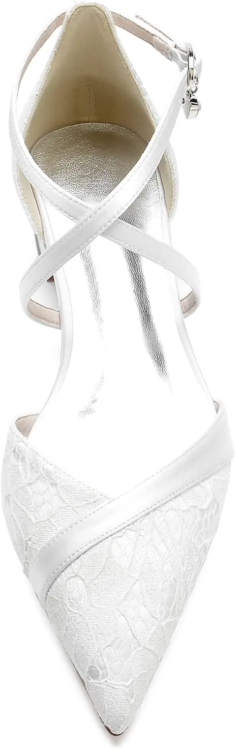 Women's Pointed Toe Lace Wedding Flats for Bride Comfortable Strappy Wedding Shoes Low Heels Cross Strap Bridal Flats Evening Prom Party Dress Shoes Pumps