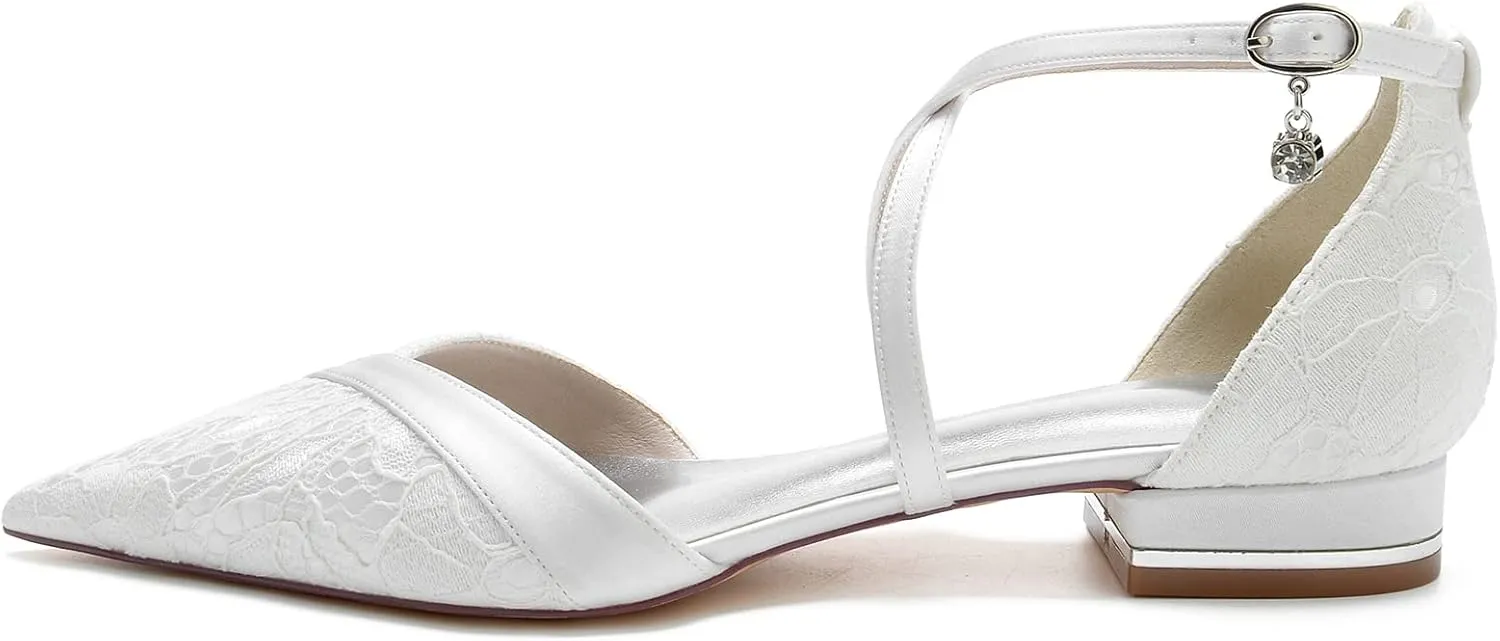 Women's Pointed Toe Lace Wedding Flats for Bride Comfortable Strappy Wedding Shoes Low Heels Cross Strap Bridal Flats Evening Prom Party Dress Shoes Pumps