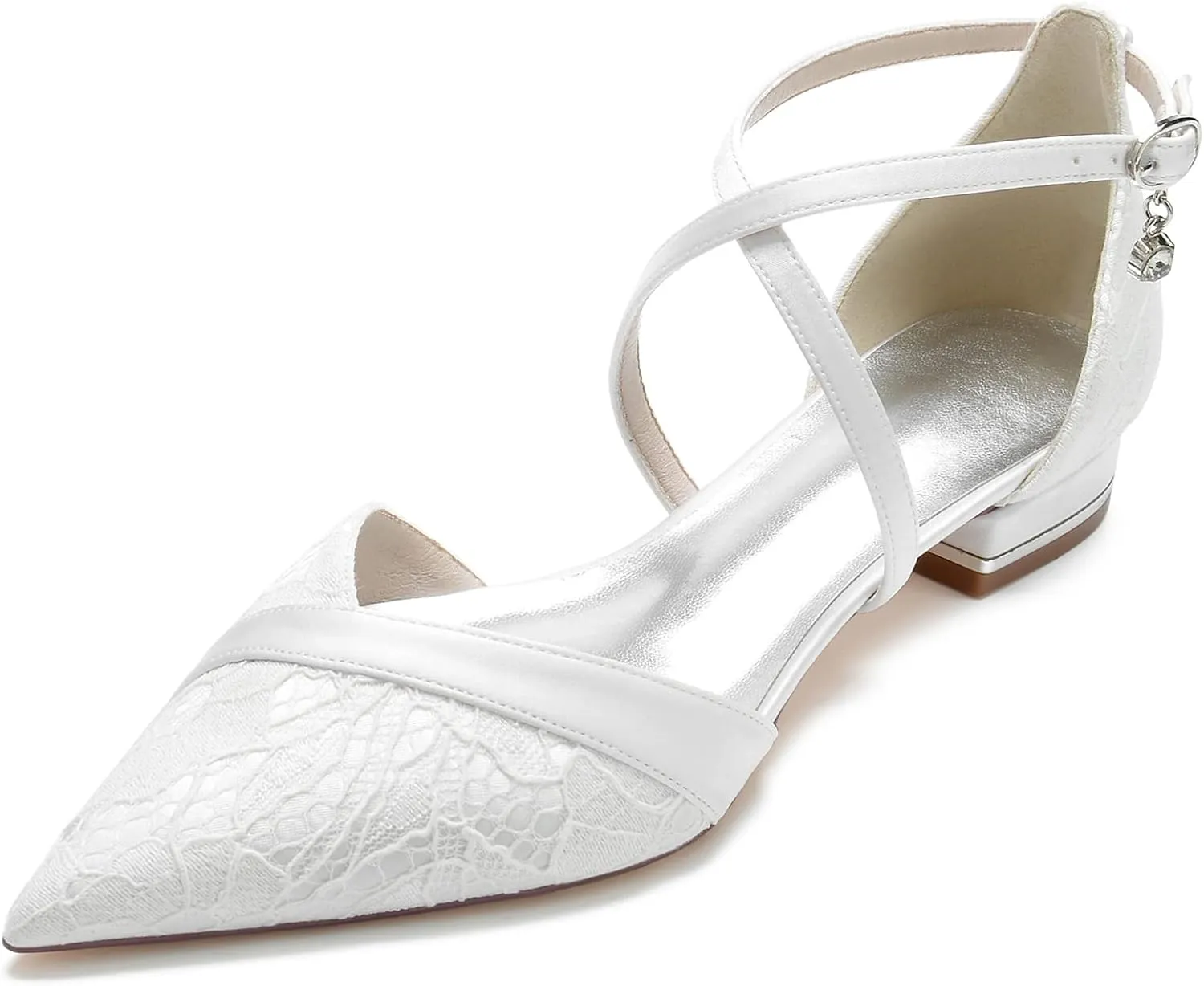 Women's Pointed Toe Lace Wedding Flats for Bride Comfortable Strappy Wedding Shoes Low Heels Cross Strap Bridal Flats Evening Prom Party Dress Shoes Pumps