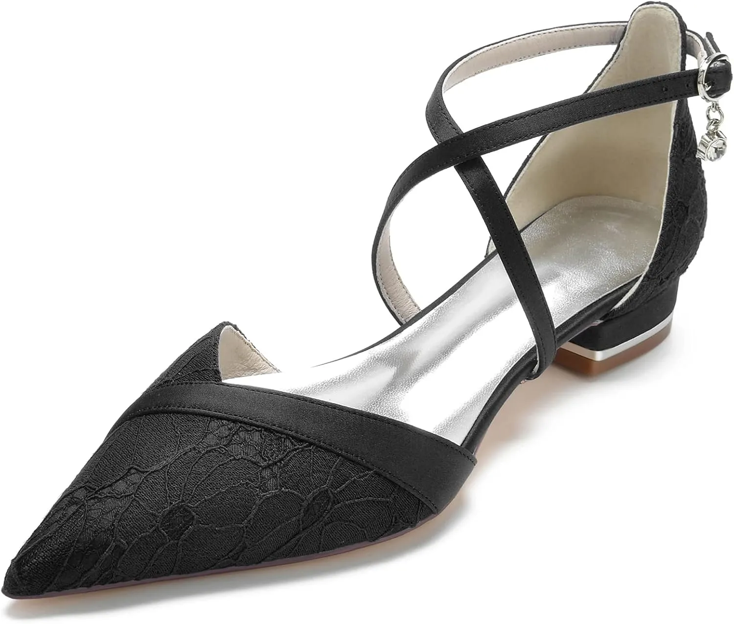 Women's Pointed Toe Lace Wedding Flats for Bride Comfortable Strappy Wedding Shoes Low Heels Cross Strap Bridal Flats Evening Prom Party Dress Shoes Pumps