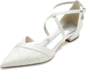Women's Pointed Toe Lace Wedding Flats for Bride Comfortable Strappy Wedding Shoes Low Heels Cross Strap Bridal Flats Evening Prom Party Dress Shoes Pumps