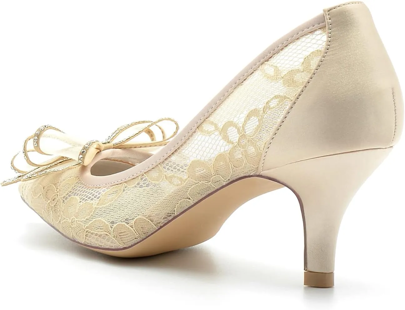 Women's Pointed Toe Lace Wedding Shoes for Bride Low Heels Comfortable Bow Bridal Shoes Heels Evening Prom Party Dress Shoes Pumps
