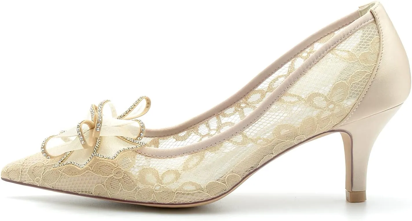 Women's Pointed Toe Lace Wedding Shoes for Bride Low Heels Comfortable Bow Bridal Shoes Heels Evening Prom Party Dress Shoes Pumps